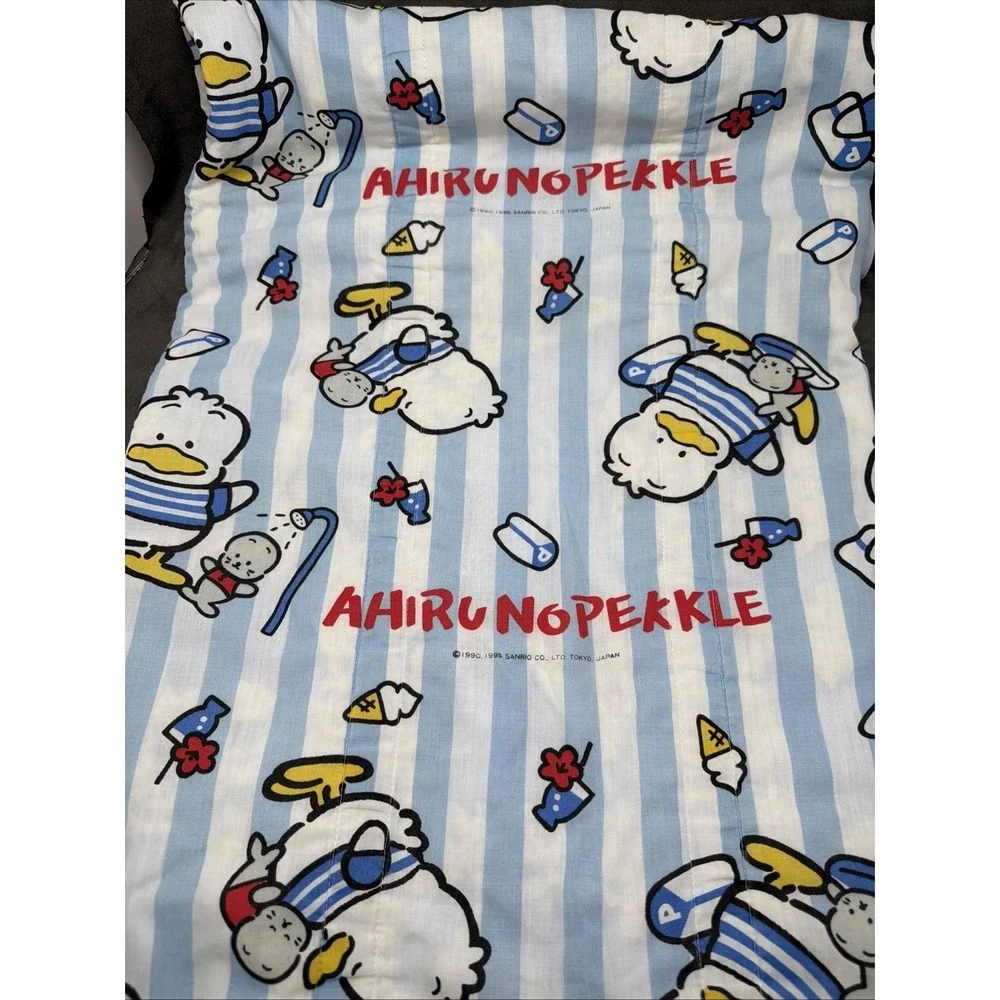 Vintage 1995 Sanrio Ahiru no Pekkle Blue Striped Handmade Quilt Blanket